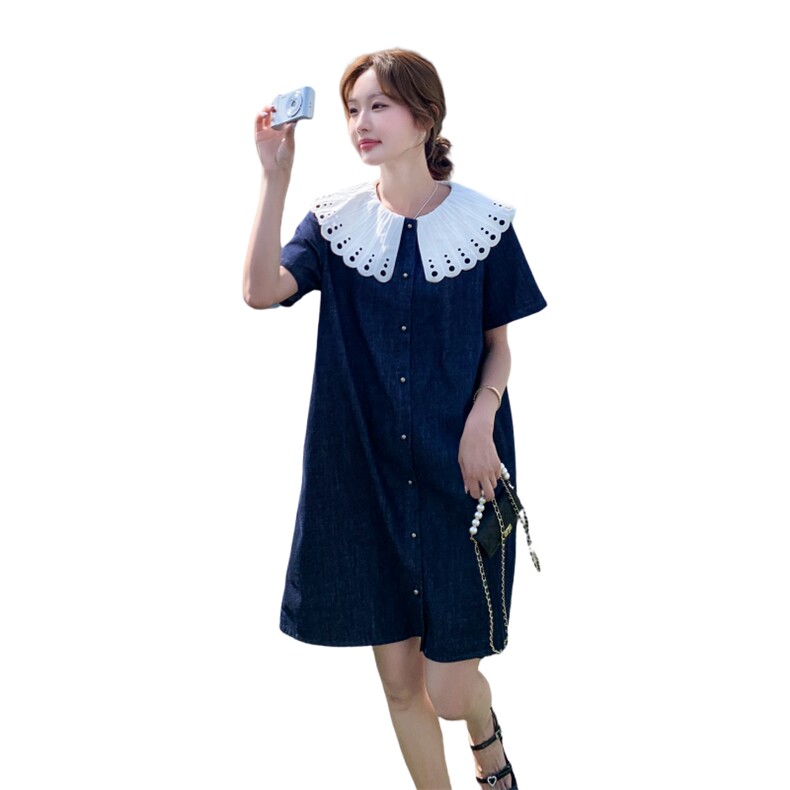 甜美娃娃领拼接牛仔连衣裙女夏2025新款小个子减龄超火学院风爆款,女装连衣裙,2C115