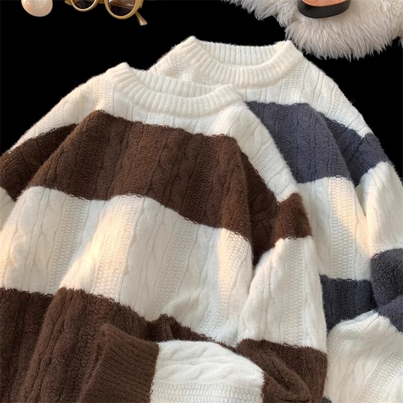 【现货】撞色条纹圆领毛衣男士宽松P43Y06,男装针织衫/毛衣,星座1112-1