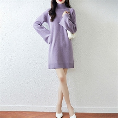 2025百搭时尚简约中长高领喇叭袖羊毛衫连衣裙，女装连衣裙，越洋羊