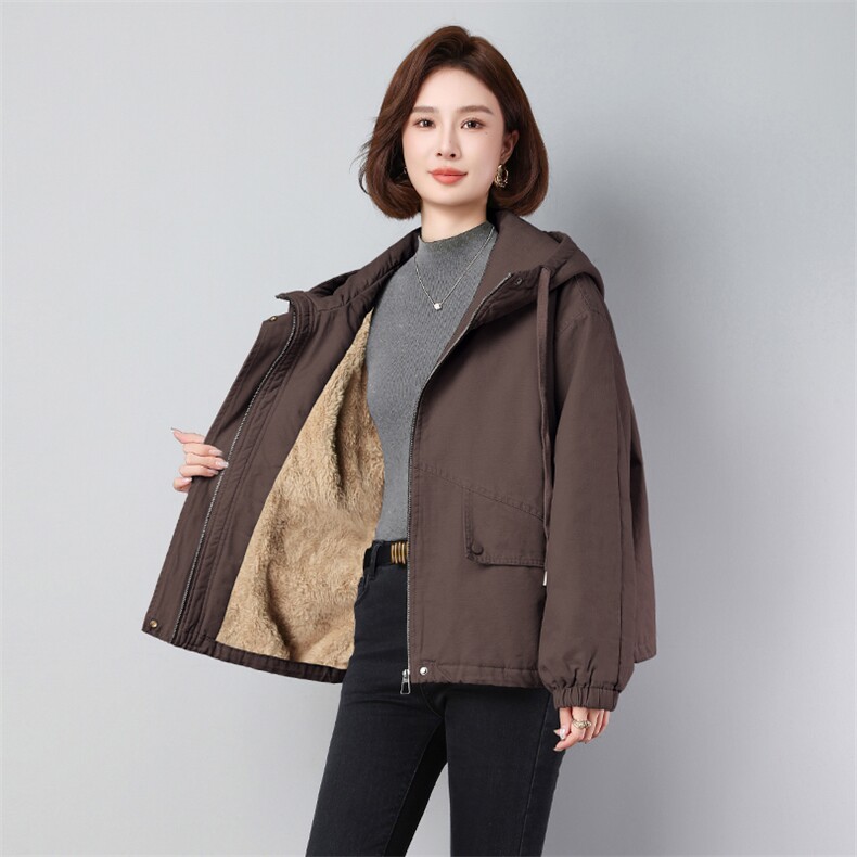 纯棉加绒加厚款派克服2588款宽松做旧连帽拉链纯色长袖派克服,女装派克服,秋牧寒烟