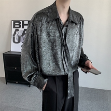 小众高级感明星同款宽松贵气闪银衬衫男大码秋季休闲领带搭配衬衣，男装衬衫，星座909