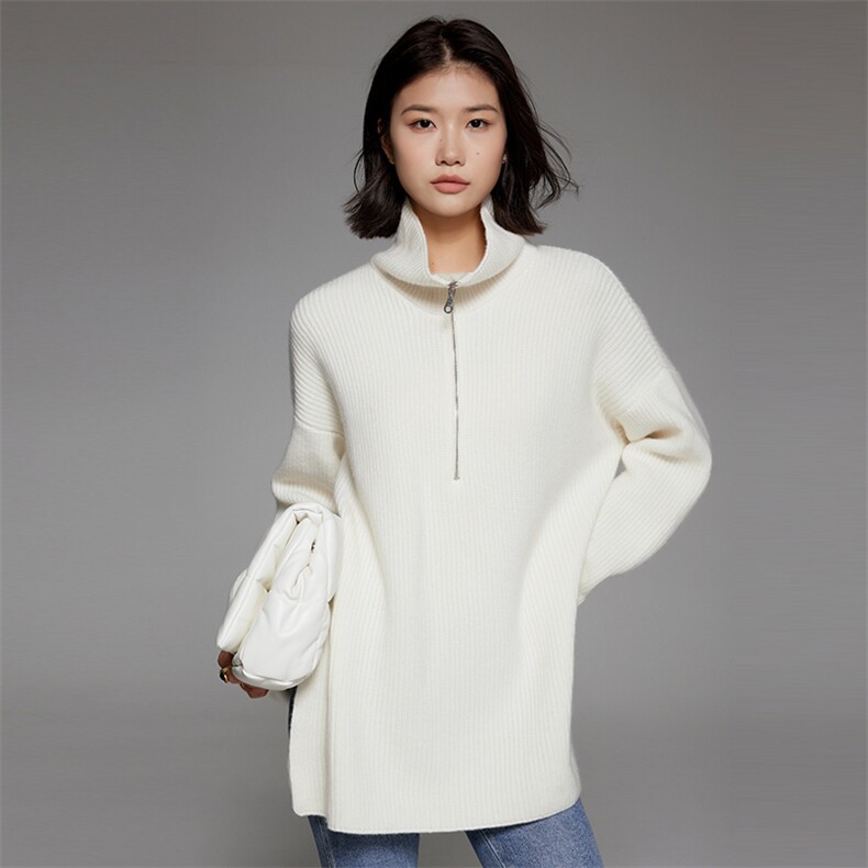 秋冬季新款百搭三股元宝针女式35%羊绒衫翻领半开拉链图片