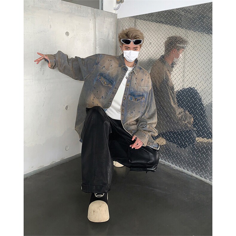 牛仔外套高级感痞帅男装轧染做旧夹克复古水洗牛仔上衣JK9058-P70,男装工装外套,星座308B-1