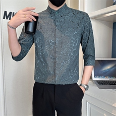 店主风社会小伙男七分袖立领提花衬衫男店主风301A-1/CS580/P55，男装衬衫，星座301A-1