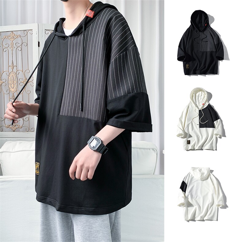 货足7XL-M2023夏季新款美式连帽七分袖纯T恤男半袖体恤加大码，男装T恤，钱塘717(原712)