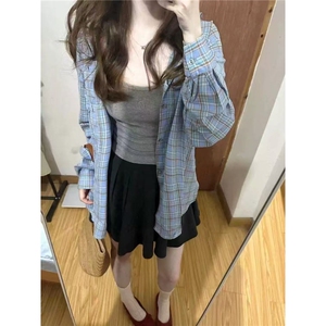 美式复古蓝色格子衬衫女2025春秋新款宽松休闲长袖百搭防晒外套潮