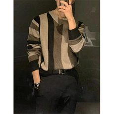 慵懒风竖纹V领轻奢风针织衫男宽松休闲撞色套头长袖毛衣MB183，男装针织衫/毛衣，星座1116A（原606A-3）