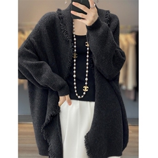 秋冬新款羊绒开衫女V领流苏中长款宽松百搭羊毛针织毛衣外套大衣，女装毛呢外套，昭美羊绒