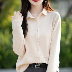 简约高级感POLO领打底衫女2025秋季新款双面磨毛软糯德绒衬衣开衫图片