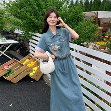 夏季新款韩版小个子胖mm大码中长款短袖宽松牛仔连衣裙子女士薄款，女装连衣裙，慧尚依恋
