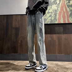 美式街头黄泥染拉链牛仔裤男女高街vibe风直筒裤显瘦微喇叭长裤子，男装牛仔裤，星座601-1