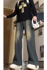 美式复古拼接微喇牛仔裤男款春秋高街水洗渐变裤子KZ005P60加绒70，男装牛仔裤，电商B312
