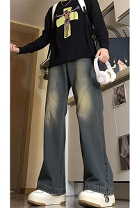 美式复古拼接微喇牛仔裤男款春秋高街水洗渐变裤子KZ005P60加绒70图片
