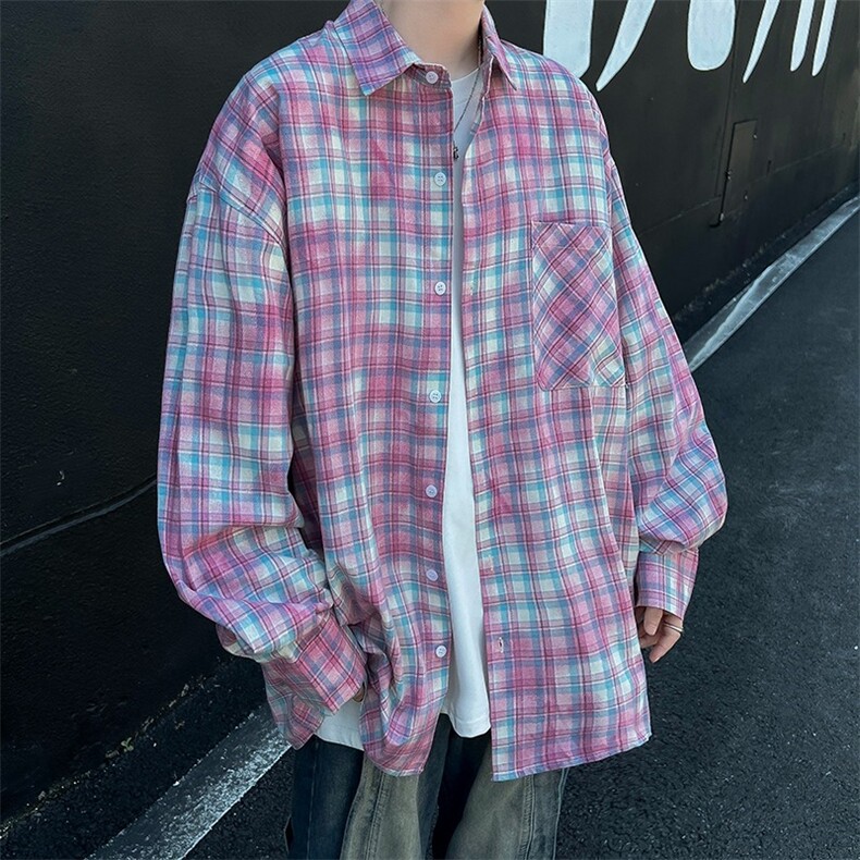 美式复古炒色工艺格子长袖衬衫男女春夏防晒宽松休闲衬衣C169/P40,男装防晒衣,星座506