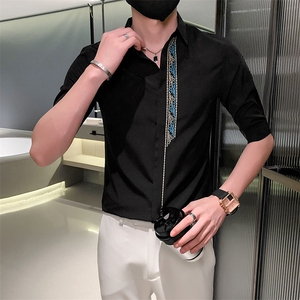 黑夏季新款男士刺绣五分袖衬衫男休闲中袖寸衣301A-1/CS363/P55