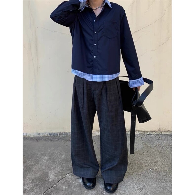 现货蓝色格子拼接翻领长袖上衣情侣款男女假两件衬衫CX03-TP45,男装衬衫,星座910A