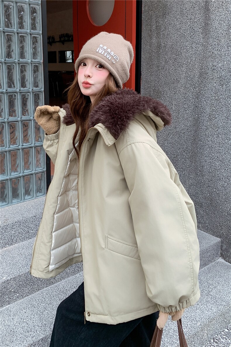 巨好看羊羔毛拼接派克羽绒服女2025冬新款设计感时尚羽绒绒外套,女装羽绒服,仟媚宠