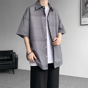 8XL-M短袖衬衫男夏宽松慵懒风痞帅条纹格子衫半袖外套DC28005P40图片