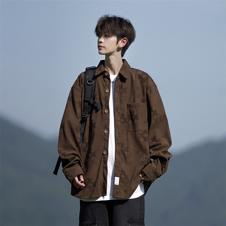 胖胖哥灯芯绒长袖衬衫男秋季复古日系大码衬衣宽松加肥加大外套,男装衬衫,星座109