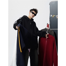 8XL-M秋冬美式运动三条杠条纹开衫卫衣连帽特大码宽松JK5206/P65，男装卫衣，电商B238
