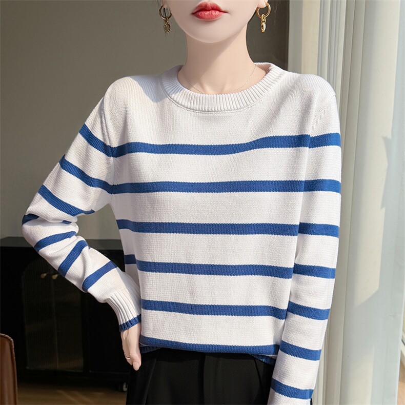 法式复古条纹100纯棉线针织衫女2025新加厚保暖圆领打底长袖毛衣，女装针织衫/毛衣，斯美雅电商供货