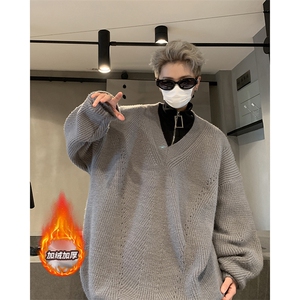 简洁高雅文艺范个性毛衣休闲情侣百搭加绒款潮流针织衫HY597JRP65图片