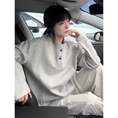 W20-P31美式亨利领长袖t恤体恤衫男春秋季华夫格宽松休闲内搭，男装T恤，电商B323A