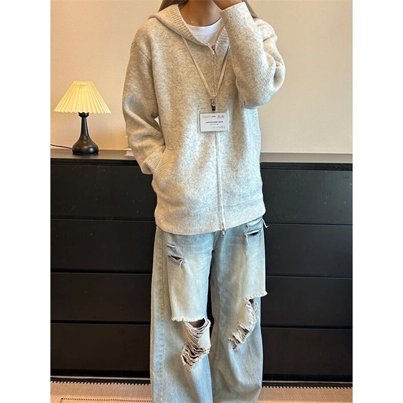 重磅慵懒风针织开衫男款秋季美式复古情侣款毛衣拉链设计宽松外套，男装针织衫/毛衣，星座506A