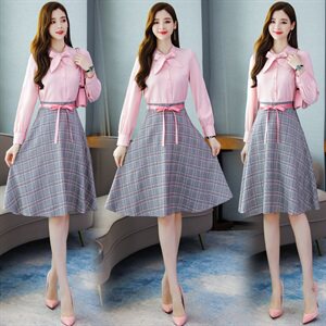 2021春秋季新款衬衫领拼接格子连衣裙简约气质知性优雅套装/套裙,女装套装/套裙,瑶迪依秀