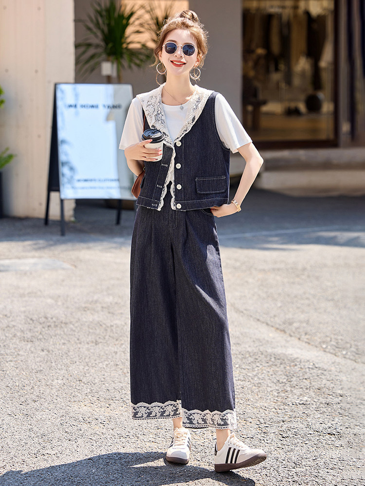 小香风牛仔套装女2025夏季新款高级感韩里韩气蕾丝马甲阔腿裤穿搭,女装套装/套裙,艾仟回(原伊仟回)