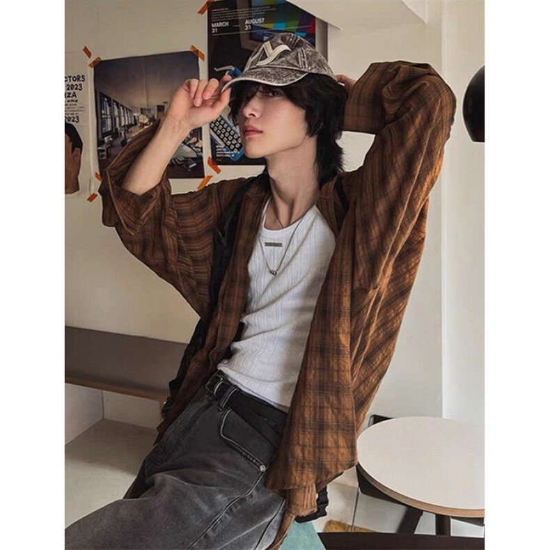 美式潮牌连帽格子衬衫男夏季新款宽松长袖衬衫CS371,男装衬衫,星座1116A（原606A-3）