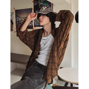 美式潮牌连帽格子衬衫男夏季新款宽松长袖衬衫 CS371图片