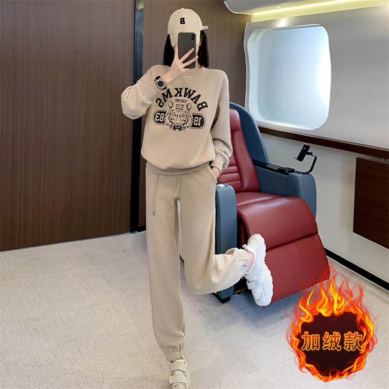 女秋冬新款欧货加绒连帽收腰卫衣休闲服两件套,女装套装/套裙,江南