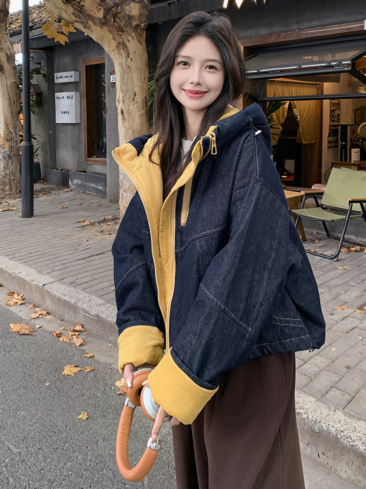 连帽短款牛仔外套复古加厚保暖上衣女冬,女装牛仔外套,2C283