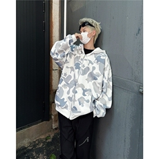 美式高街双帽迷彩鲨鱼拉链卫衣外套男女春秋hiphop潮牌情侣帽衫，男装卫衣，星座601-1