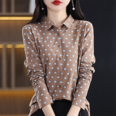 印染标准波点运动风御姐蓝衬衫女士印花宫廷风西域风春秋显瘦气质，女装衬衫，臻维羊绒