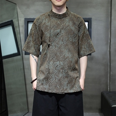 新中式圆领蟒纹提花改良中茶禅汉服风盘扣短袖衬衫31221，男装T恤，星座305A（原312A-1）