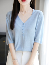 V领莱赛尔天丝针织五分袖上衣女夏季纽扣短袖T恤宽松打底纯色半袖，女装针织衫/毛衣，暖烁特种纱工厂店