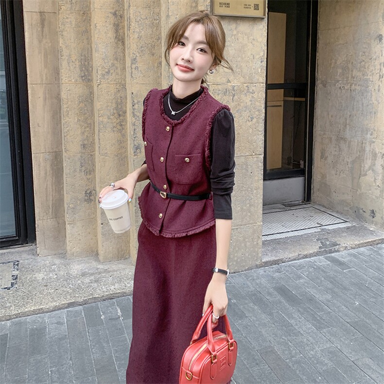 法式浪漫小香风套装裙女秋季2025年新款长款上衣马甲半身裙三件套图片