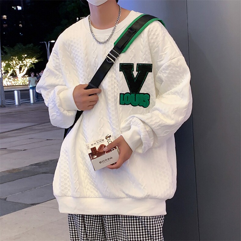 WY3627-P48秋装新款款港风华夫格毛巾绣潮流宽松男士休闲圆领卫衣,男装卫衣,电商A009A（原A058A）