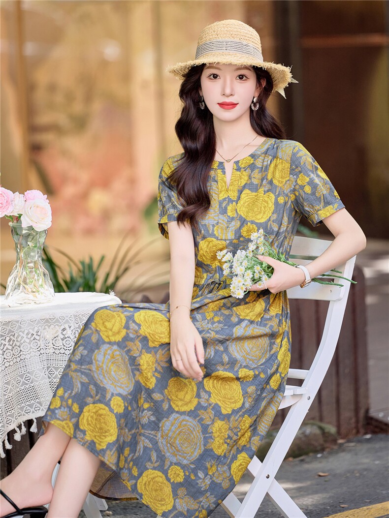 气质玫瑰印花棉麻连衣裙女2026夏季新款洋气减龄休闲收腰显瘦裙子,女装连衣裙,倪叶myz