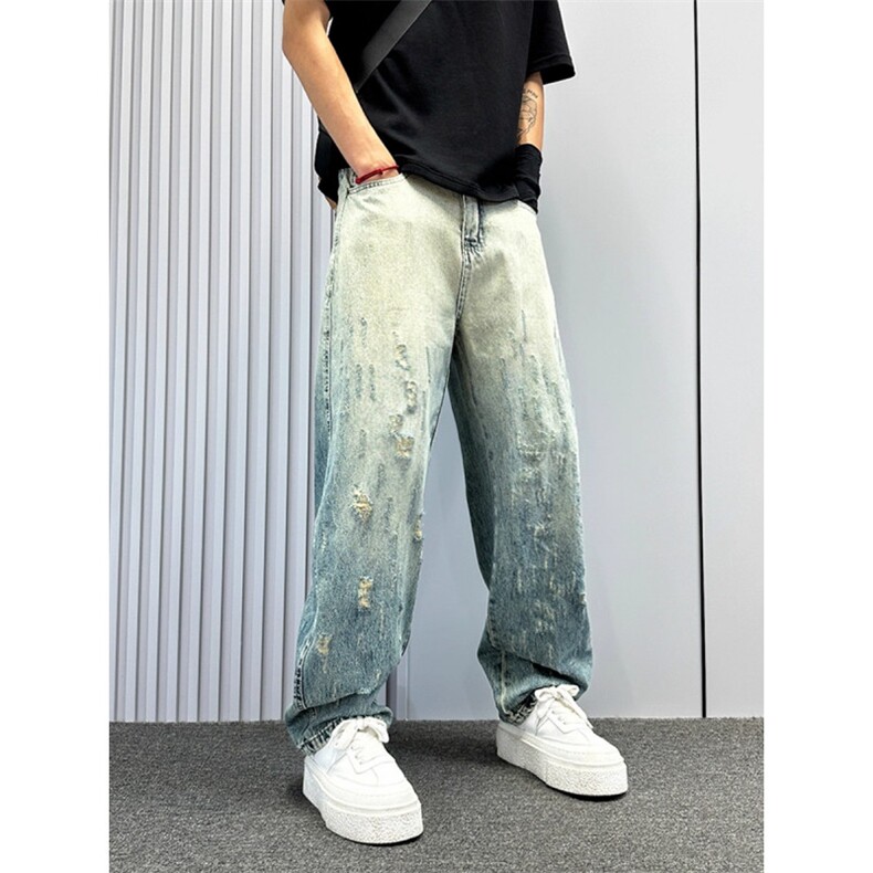 1506-1/KT12561/P51美式休闲痞帅复古做旧脏洗泼墨牛仔裤男直筒,男装牛仔裤,星座1506-1