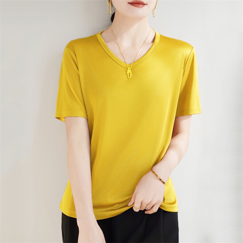 日本进口高级三醋酸T恤女宽松显瘦V领短袖仿真丝气质上衣2025夏，女装衬衫，暖烁羊绒
