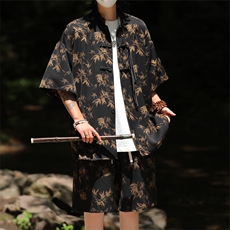 2025夏季新中式冰丝垂感花衬衣宽松休闲五分套装男TZ655-P58控78，男装休闲套装，电商C305A