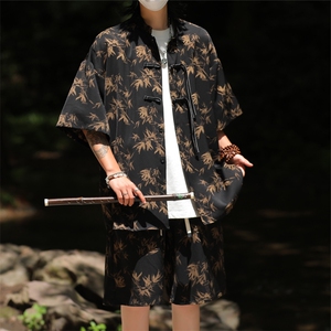 2025夏季新中式冰丝垂感花衬衣宽松休闲五分套装男TZ655-P58控78