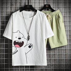 TY35131-P55透气亚麻t恤套装男大码棉麻短裤男装搭配一套网格挂拍，男装休闲套装，电商A040A