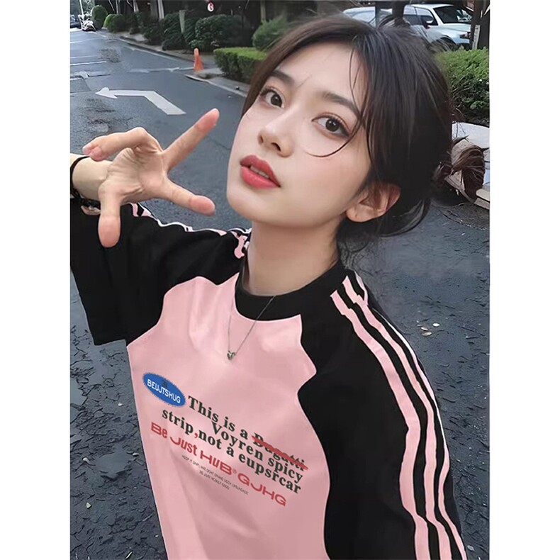 夏季美式高街重磅纯棉三条杠织带插肩撞色男女短袖T恤CZ71-特P25,男装T恤,电商A486