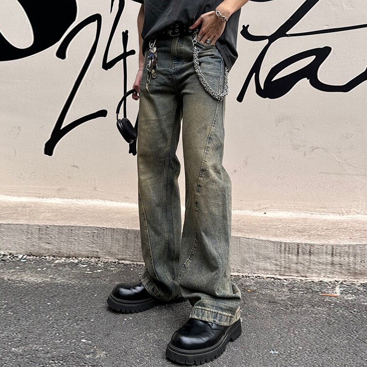 美式复古cleanfit水洗牛仔裤男夏季提档高腰裤子加长高个子微喇裤,男装牛仔裤,星座218-8