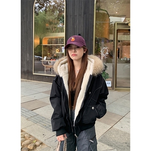 现货重磅boxy短款棉衣座山雕大毛毛领男女棉服水洗工装厚外套图片