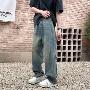 美式高街做旧水洗复古蓝直筒牛仔裤男ins潮牌百搭宽松长裤图片